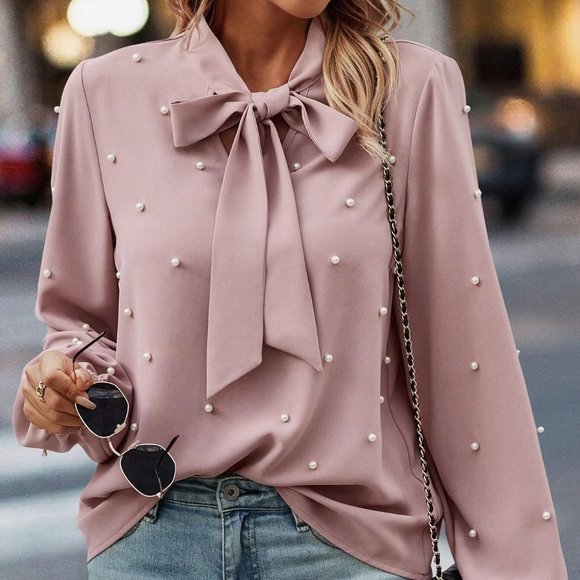 Dusty Pink Preppy Womens Pearls Beaded Tie Neck Lantern Sleeve Blouse - Picture 3 of 4
